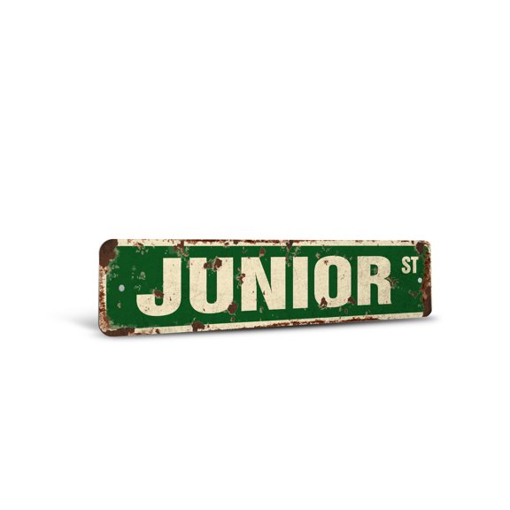 JUNIOR Vintage Style Rustic Street Sign – Childrens Name Room Sign Retro Decorative Wall Sign for Home, Bar, Garage, or Outdoor Use | 6" X 24" Plastic Road Sign