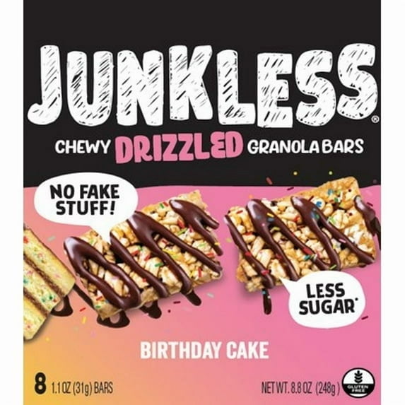 JUNKLESS Drizzled Birthday Cake Chewy Granola Snack Bars, 1.1 oz, 8 Count pack of 1