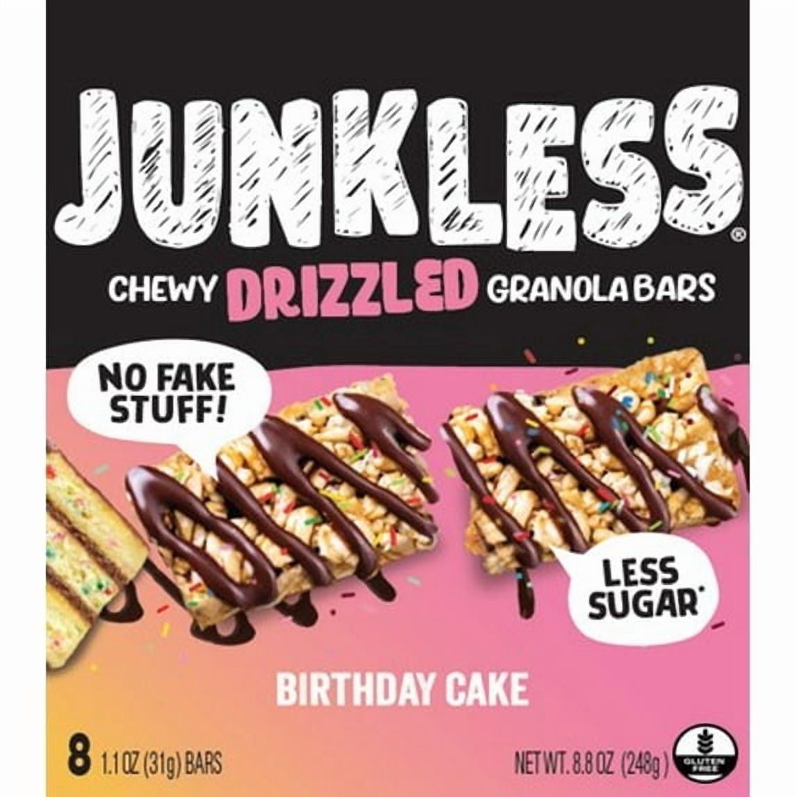 JUNKLESS Drizzled Birthday Cake Chewy Granola Snack Bars, 1.1 oz, 8 Count pack of 2