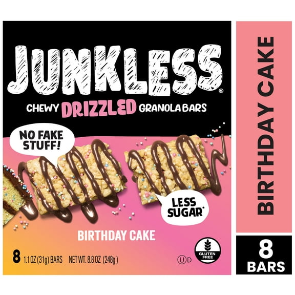 Junkless Drizzled Birthday Cake Chewy Granola Snack Bars, 1.1 oz, 8 Count