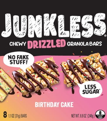 JUNKLESS Drizzled Birthday Cake Chewy Granola Snack Bars, 1.1 oz, 8 Count