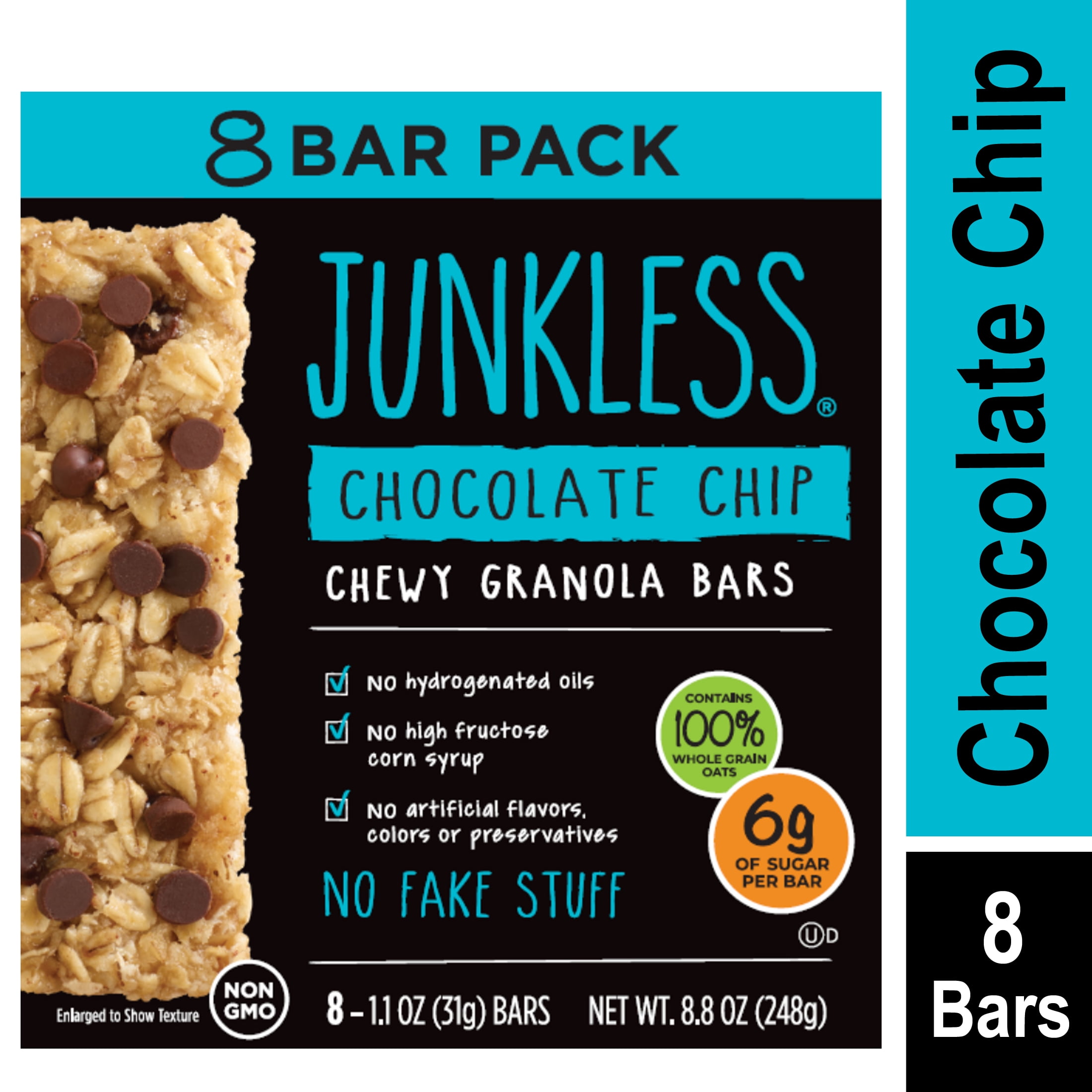 JUNKLESS NonGMO Delicious Chewy Chocolate Chip Granola Bars, 1.1 oz, 8