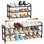 JUNLIN 3 Tier Expandable Shoe Rack, Metal Storage Shelf,Shoe Rack for Entryway（Black)