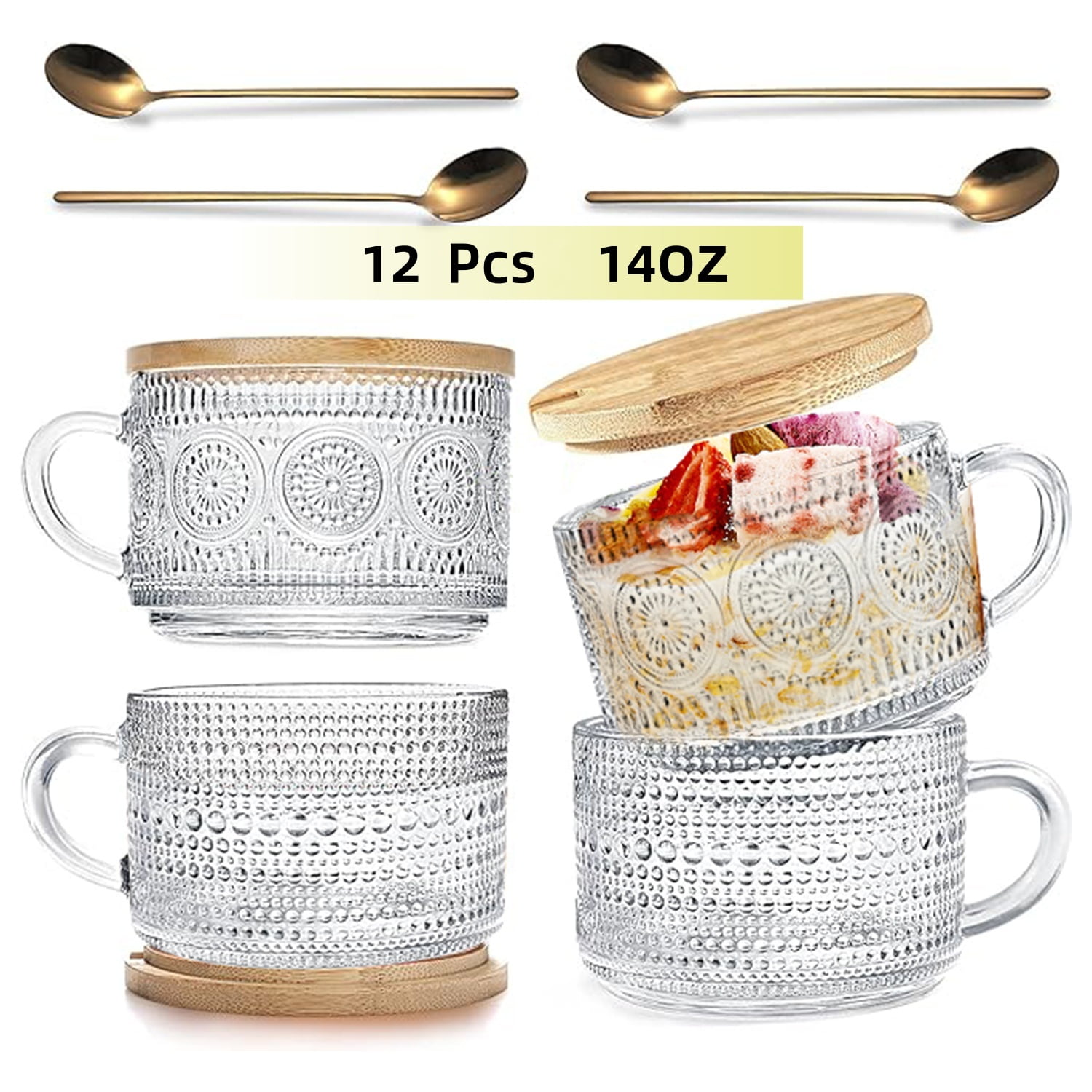 4PCS Vintage Glass Coffee Mugs with Bamboo Lids and Spoons,14oz Overnight Oats Containers Coffee Cups ,Double Glass Cups,Iced Coffee GlassesCoffee Bar Accessories,Clear