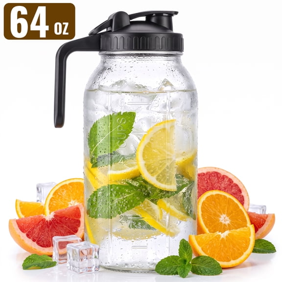 JUNLIN Glass Pitcher,Glass Mason Jar Pitcher with Lid & Spout, 64 oz (2 Quart) Leak-proof Wide Mouth Jug for Cold Brew Coffee, Iced Beverage, Sun Tea, Juice.