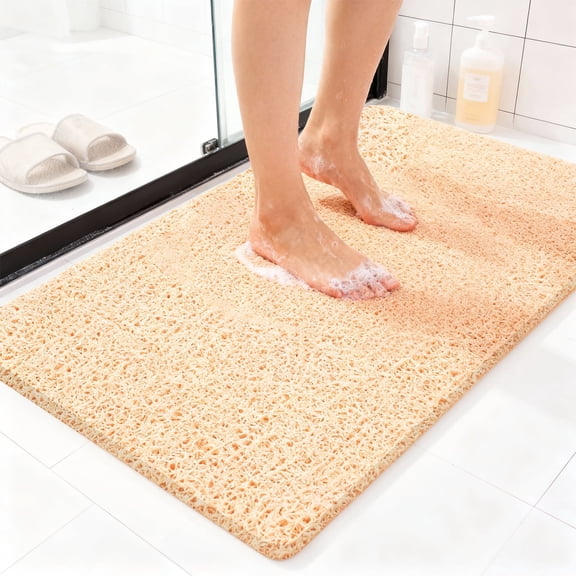 JUNLIN Non-Slip Shower Mat，24x35 Inch，Bath Mats For Bathroom，PVC Loofah Bathroom Mats，Beige