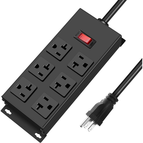 JUNNUJ Heavy Duty 20 Amp Power Strip, Garage 6 Outlets Metal 12 Gauge Surge Protector 3000J, High Amp 5-15P Adapter Shop 6-20R T-Slot Industrial (6AC, 6FT)
