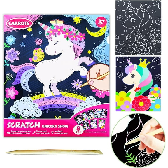 JUNQIU Scratch Art for Kids, Unicorns Black Rainbow Scratch Art Paper Set-Arts and Crafts & Supplies, DIY Activity & Party Games, Gifts for Toddlers, Girls & Boys Ages 3, 4, 5, 6, 7, 8