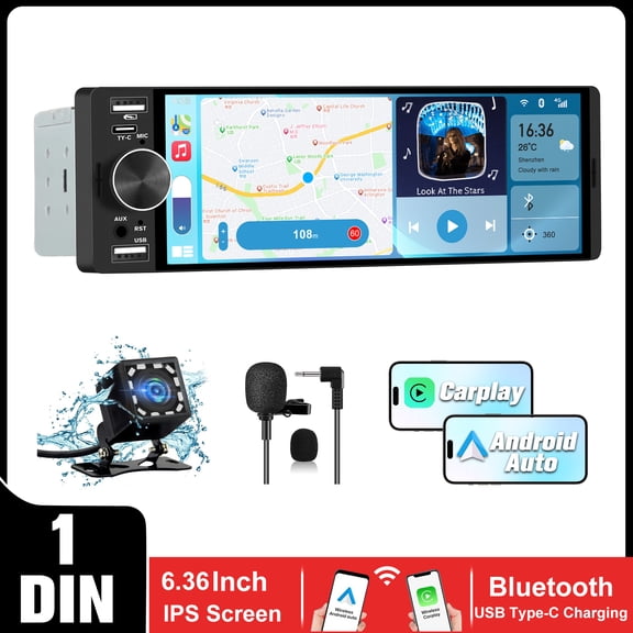 JUNSUN Fast Charging Single DIN Car Stereo Receiver - 6.36 Inch HD Touchscreen, Wireless CarPlay/Android Auto, Bluetooth & Mic for Hands-Free Calling/Music