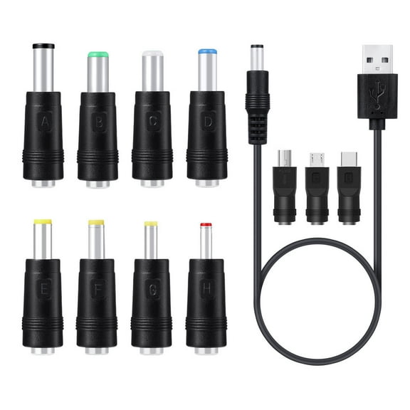 JUNTEX 11in1 5V USB to 5.5x2.1mm 3.5mm 4.0mm 4.8mm 6.4mm 5.5x2.5mm Type C Micro Mini USB Plug Charge Cord for Router Cellphone