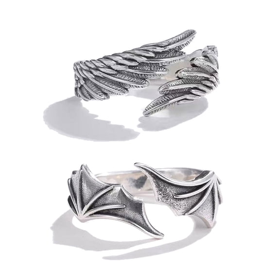 JUNTEX 2 Pcs Couple Ring Set for Him Her Angel Demon Wing Adjustable Finger Jewelry