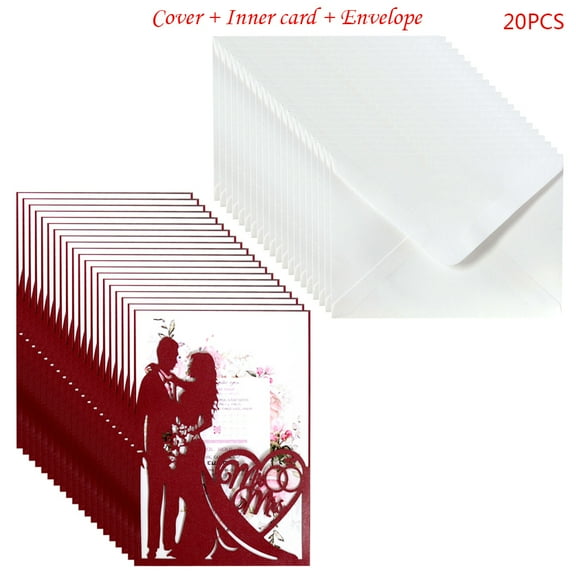 JUNTEX 20pcs/set Laser Cut Mr & Mrs Wedding Invitations Card Invite Envelopes Kit Brida