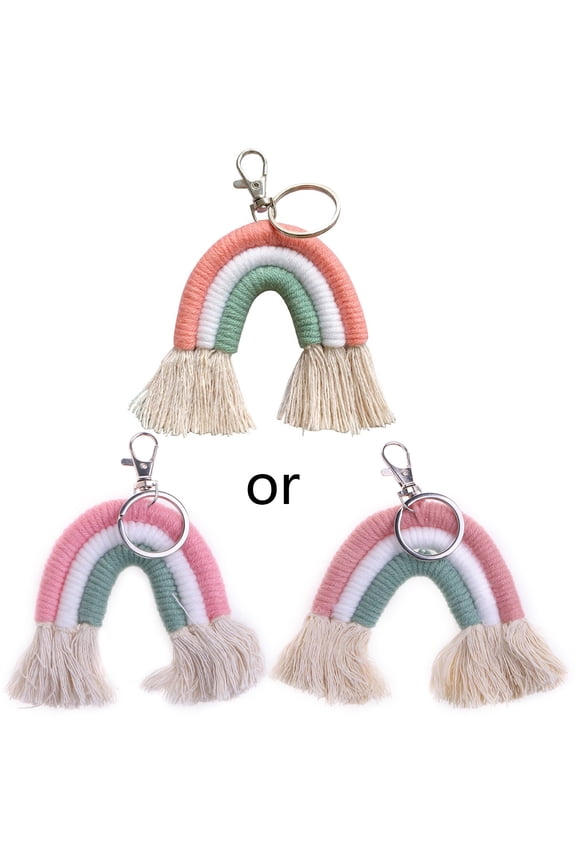Beautiful Boho Handmade Key Holder Keyring Macrame Weaving Rainbow Pendant Keychain for Women Birthdays