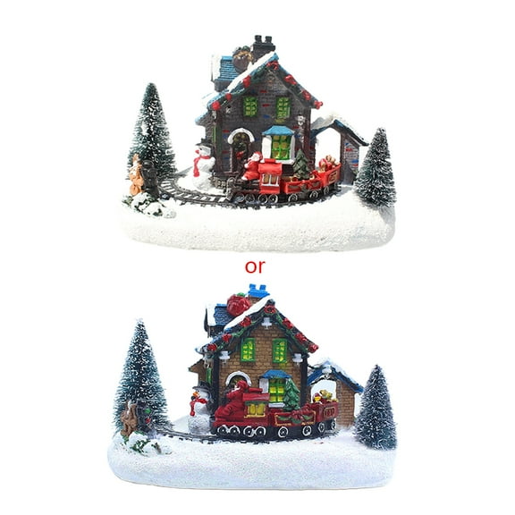 JUNTEX Christmas Small Train Village House Luminous Landscape Snow Figurine Resin Desktop Ornament Decoration Holiday Xmas Gift