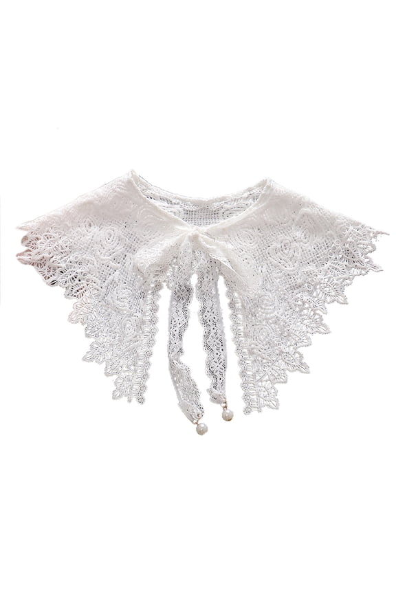 Japanese Women White False Collar Shawl Hollow Out Embroidery Floral Lace Shoulder Wrap Pearl Pendant Lace-Up Necklace