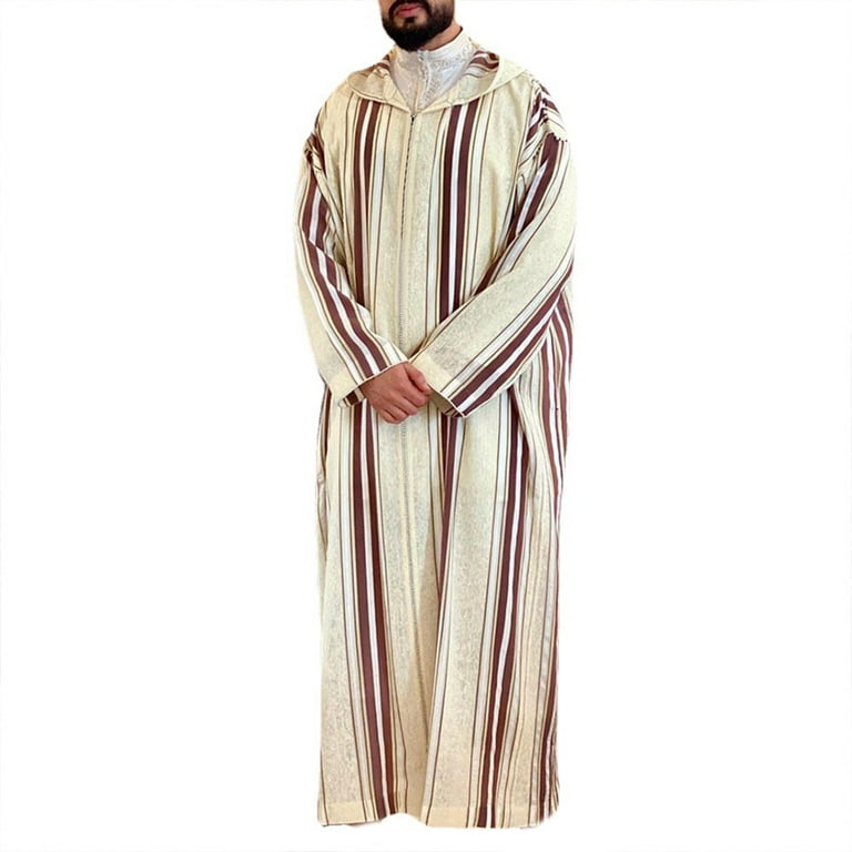 JUNTEX Lapel Muslim Mens Long Sleeve Thobe Middle East Saudi Arab Kaftan Islamic  Abaya Dress Dubai Robes with Striped Pattern 