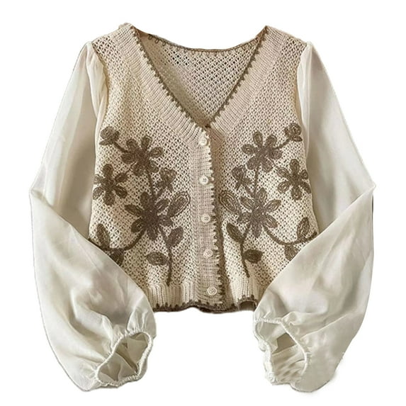 JUNTEX Spring Crochet Knit Cardigan for Women V-Neck Puff Long Sleeve Embroidery Floral Jacket Retro Button Down Knitwear Coat