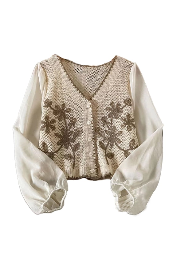 Spring Crochet Knit Cardigan for Women V-Neck Puff Long Sleeve Embroidery Floral Jacket Retro Button Down Knitwear Coat