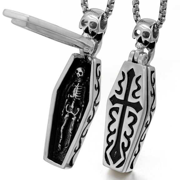 JUNTEX Vintage Coffin Vampire Skull Skeleton Pendant Necklace Stainless Steel Jewelry