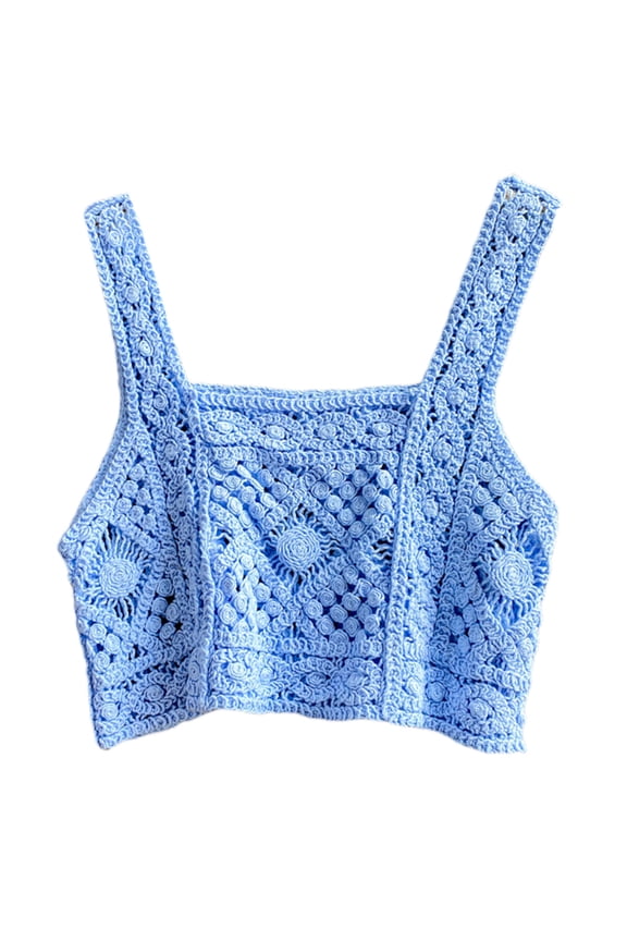 Women Crochet Sleeveless Crop Tank Top Ethnic Hollow Out Knit Rhombus Plaid Sweater Cami Vest Square Neck Slim Waistcoat