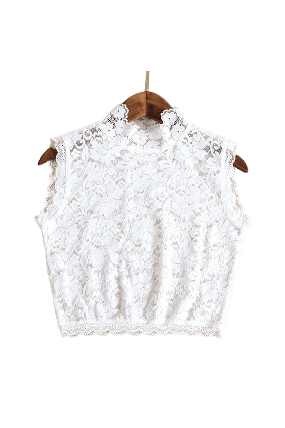 Women Decorative Floral Lace Faux Collar Stand Collar Scalloped Trim Sleeveless Vest Mock Neck Dickey Half Shirt Tops