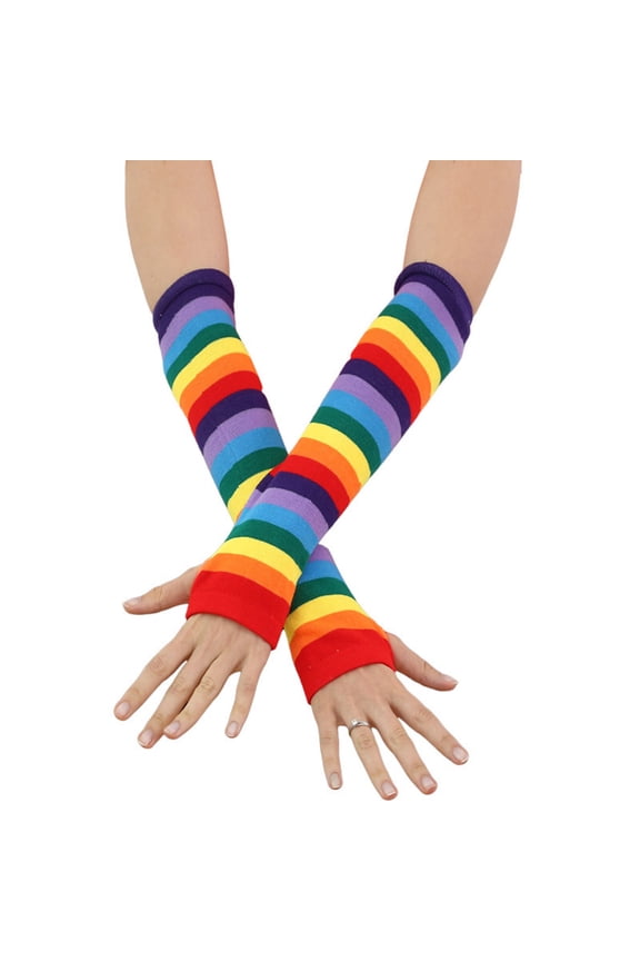 Women Girls Rainbow Striped Long Sleeve Sunscreen Arm Sleeve Fingerless Mittens
