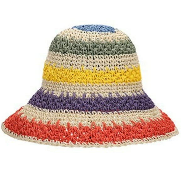 JUNTEX Women Handmade Crochet Straw Sun Hat Rainbow Colorful Stripe Sunscreen Beach Cap