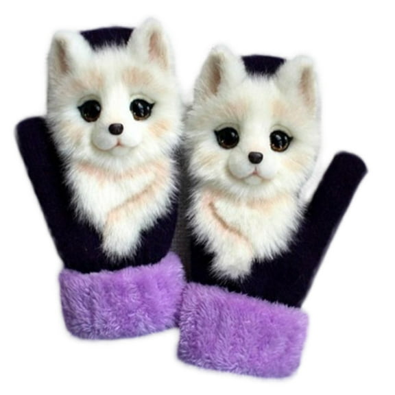 JUNTEX Women Men Winter Knit Gloves Cute 3D Fluffy Cartoon Animal Decor Thickened Plush Lining Windproof Thermal Warm Mittens