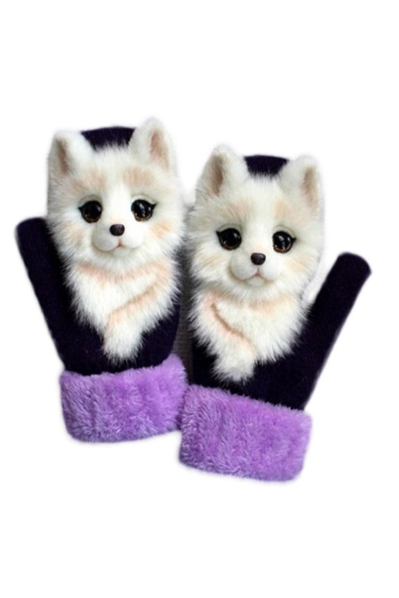 Women Men Winter Knit Gloves Cute 3D Fluffy Cartoon Animal Decor Thickened Plush Lining Windproof Thermal Warm Mittens