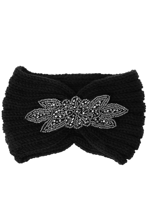 Women Sequin Knitted Hairband Flower Rhinestone Beaded Ear Warmer Wide Head Wrap