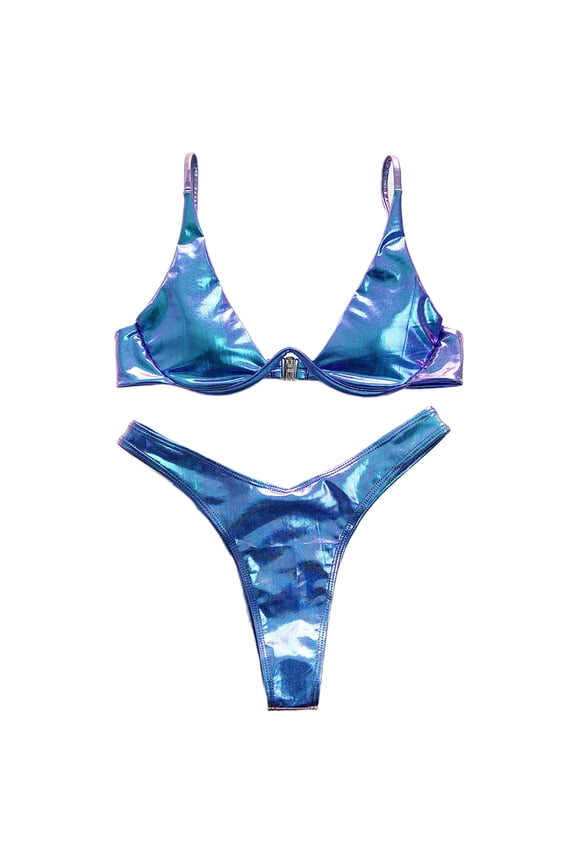 Women Summer Sexy Brazilian Bikini Set Holographic Shiny Metallic Swimsuit Push Up Padded Underwire Triangle Bathing Suit Beachwear
