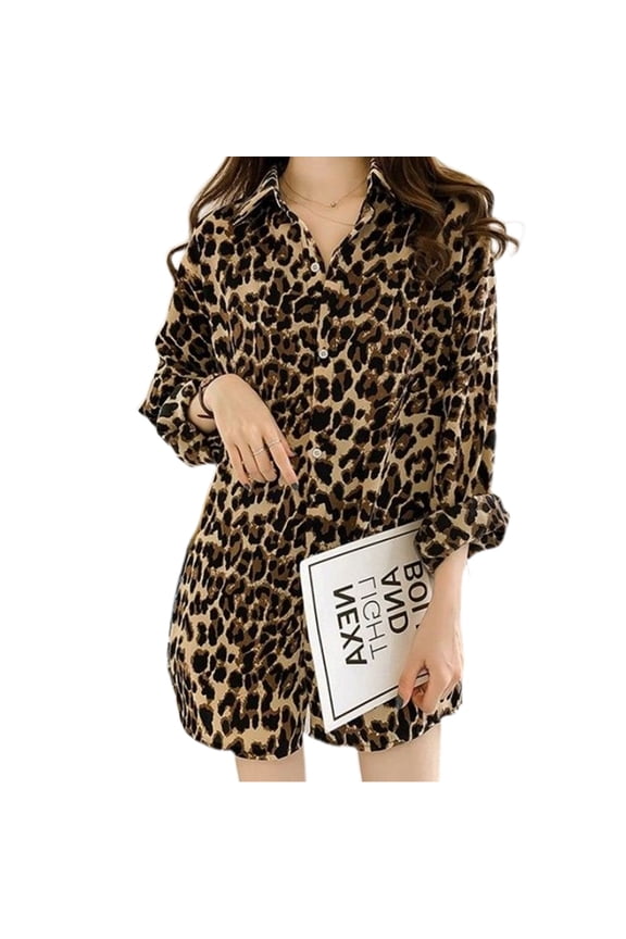 Womens Plus Size Long Sleeve Blouse Vintage Leopard Printed Lapel Collar Shirts