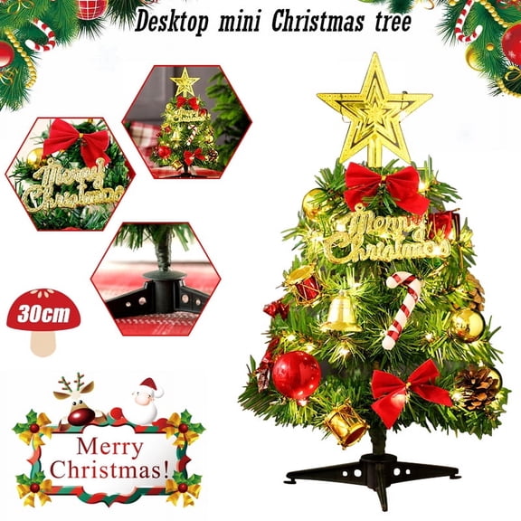 JUNWELL 12"/30cm Tabletop Christmas Tree, Artificial mini Christmas Tree with multicolor String Lights, Star Treetop and Ornaments, Easy assemble, Small Xmas Tree for Table, Desk, Home Decor