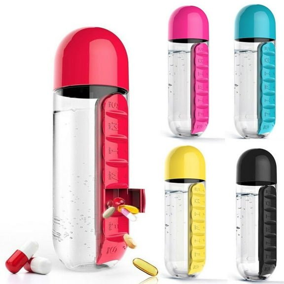 2 in 1 600ml Sports Water Bottle with Pill Box Capsule Removable Daily Organiser, Red