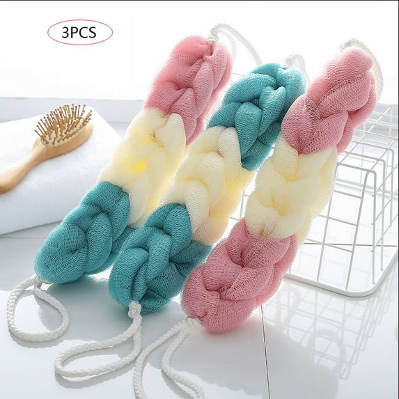 JUNWELL 3PCS Long Bath Towel Bath Sponges for Shower Bath Balls Shower Stool Body Sponges Bath Pouf Exfoliating Loofah Body Wash Scrubber Long Back Scrubber Men and Women Back Brush Korean