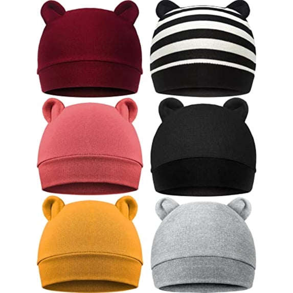 JUNWELL 6PCS Newborn Baby Hats Bear Ears Baby Boy Girl Hats Infant Caps 0-3 Months