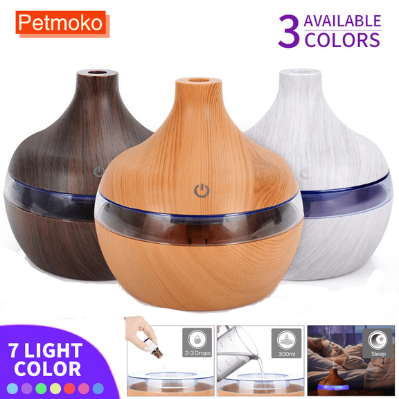 JUNWELL Aromatherapy Essential Oil Diffuser 300ml 6 Hours Wood Air Humidifier Electric Aroma Diffuser Mist for Large Room Home Baby Bedroom 7 Colors Lights Changing