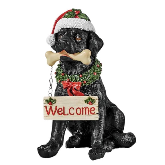 JUNWELL Black Labrador Decor with Santa Hat Christmas Watchdog Welcome Dog Statue Resin Crafts for Doorways Cabinets and Porches