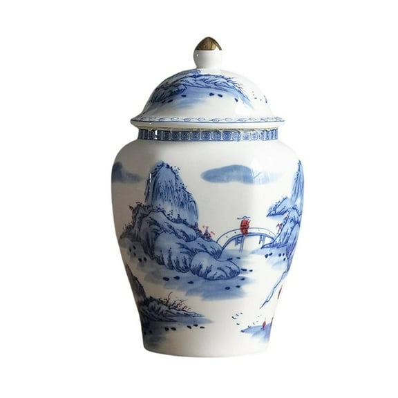 JUNWELL Ceramic Ginger Jar Lid Blue White Porcelain Crafts Gift Porcelain Jars for Kitchen Countertop Storage   Style A