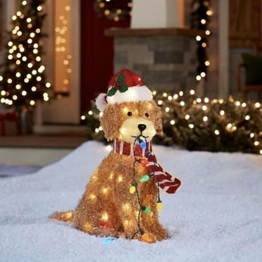 JUNWELL Christmas Fluffy Doodle Dog Decoration With LED Light String Merry Lovely Plush Dog For Yard Decoration