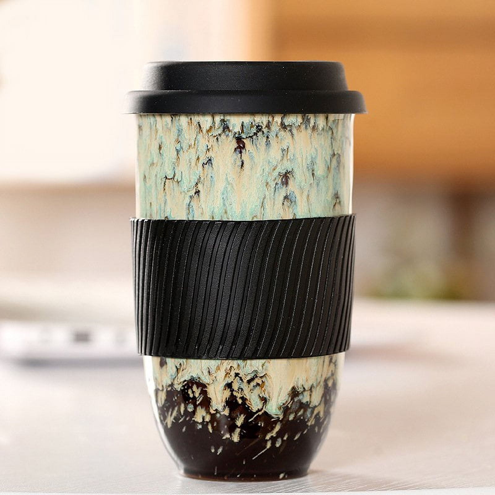 JUNWELL Cup Ceramic Mug with Silicon Lid and Sleeve Large Portable Reusable  Convenient and Uniquely Style for Daily Life(Brown)
