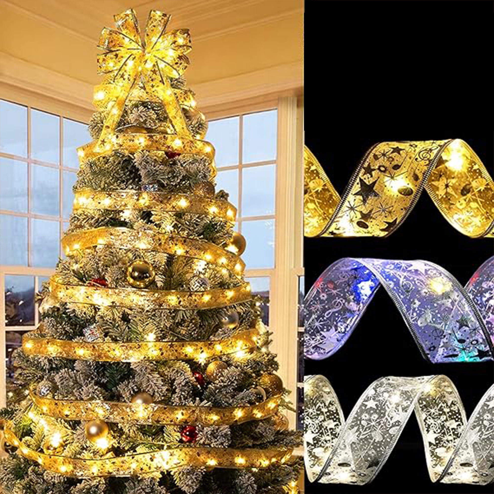 JUNWELL Gold Christmas Ribbon Lights,49 Ft 150 Led Christmas Ribbon ...