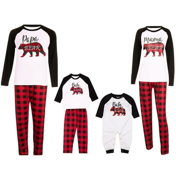JUNWELL Holiday Family Pajamas Matching Sets Christmas PJs with Mama Bear Printed Romper Plaid Pants Sleepwear