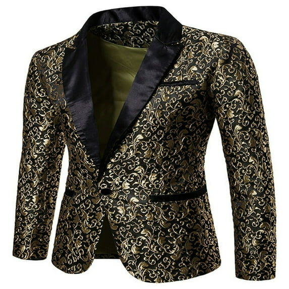 JUNWELL Male Gold Jacquard Bronzing Floral Blazer Suit Men Single Button Jacket Wedding Party Stage Costume White L