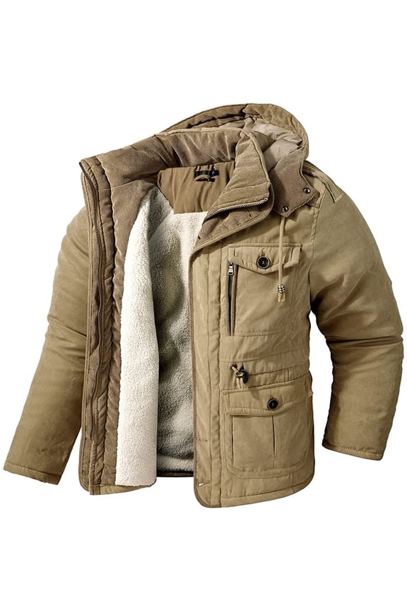 Men‘s Winter Hooded Jacket Windproof Sherpa Lined Fleece Windbreaker Coat Outerwear Warm Parka