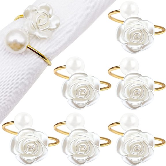 JUNWELL Napkin Rings, White Rose Pearl Dining Table Napkin Ring Holder, Vintage Paper Towel Rings for Valentine's Day Wedding Banquet Home Table Decorations (6 Pcs)