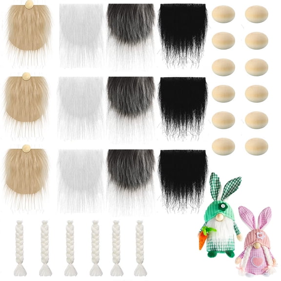 JUNWELL Precut Gnome Beard, 12 Pieces Faux Fur Beards in 4 Colors, Handmade Dwarf Beard with 12 PCS Wooden Balls for Easter Halloween Christmas Decoration Crafts, (without the doll)