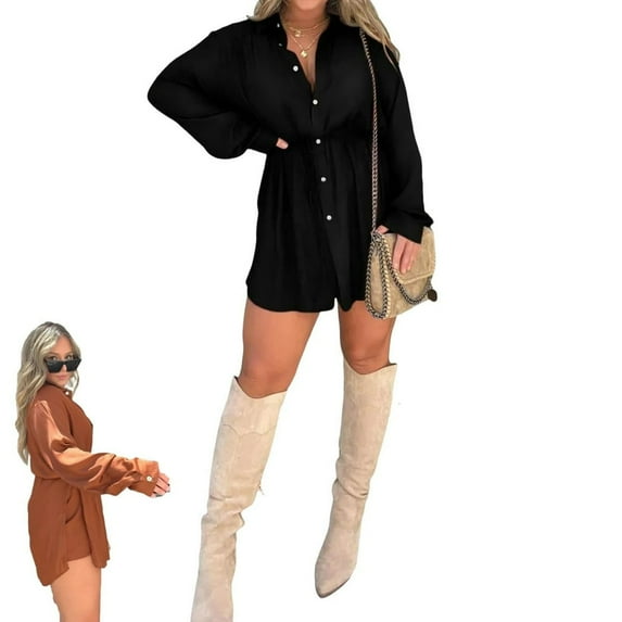 JUNWELL Satin Covered Nights Romper Dress 2023 Fall New Women‘s Solid Color Casual Elegant Button Long Sleeve Shirt Suit(Black,L)