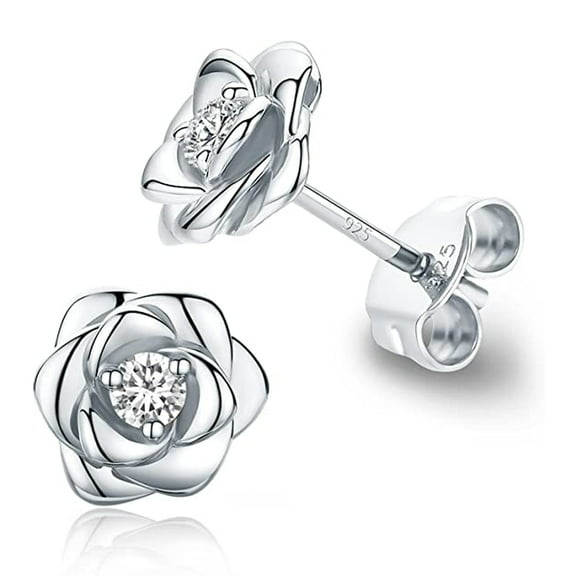 JUNWELL Sterling Silver Rose Flower Earring Studs Hypoallergenic & Nickel Free Earrings for Women