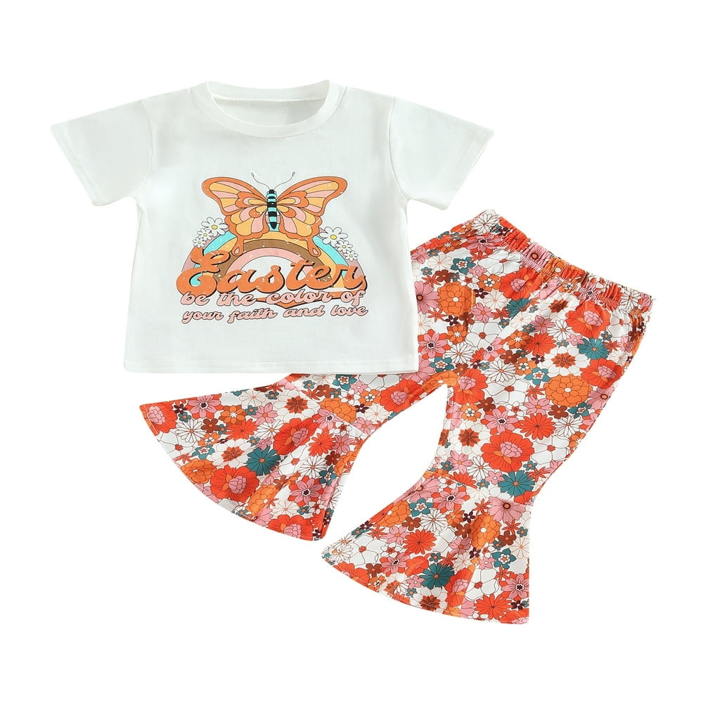 JUNWELL Toddler Baby Girl Clothes Flower T Shirt Bell Bottoms Pants ...